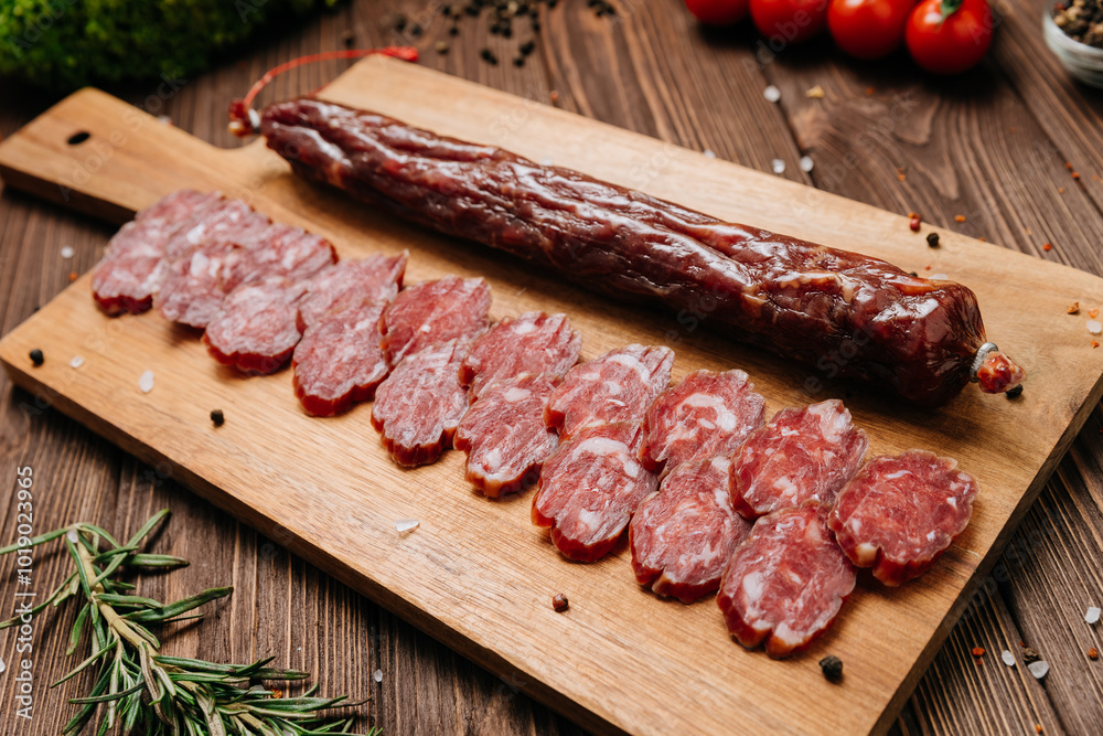 Smoked salami sticks on a wooden board with herbs, perfect for charcuterie boards and gourmet snacks Smoked salami sticks on a wooden board with herbs, perfect for charcuterie boards and gourmet snacks