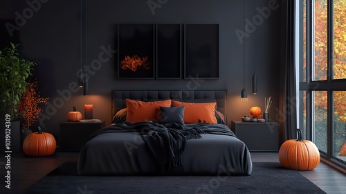 A sleek, modern bedroom decorated with minimalistic Halloween accents, featuring a black and orange color palette and subtle pumpkin decor.