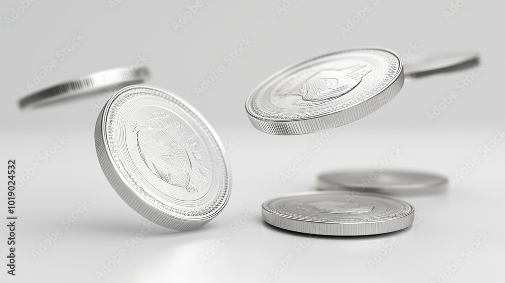 An Array of Floating Silver Coins in Dynamic Motion An Array of Floating Silver Coins in Dynamic Motion