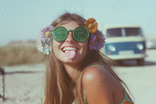 Happy hippie girl smiling and showing tongue, colorful flowers in hair and green round sunglasses, vintage camper van in background with copy space