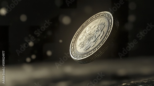 An antique silver coin flipping in the air against a dark background. photo