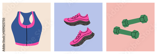 Fitness gear including a sports bra, running shoes, and dumbbells for enthusiasts