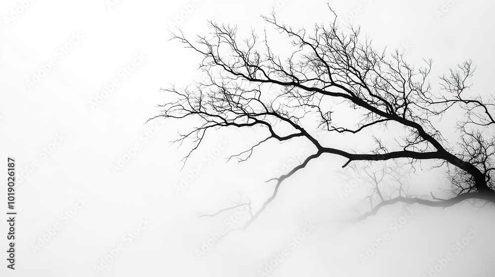 Dark tree branches reaching through mist on a white background Dark tree branches reaching through mist on a white background