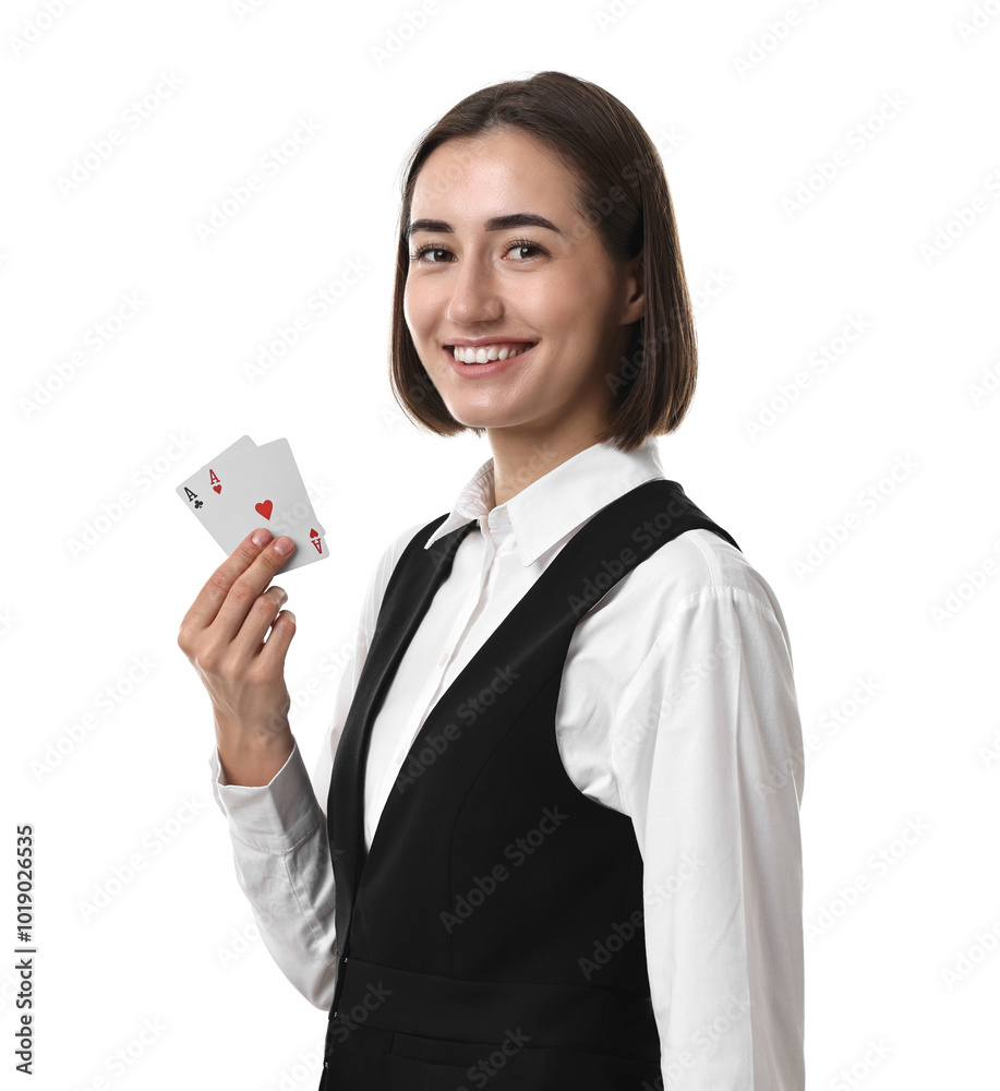 Professional croupier with playing cards on white background Professional croupier with playing cards on white background