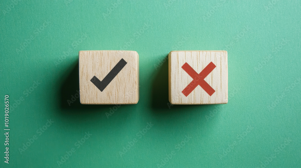 Wooden Blocks with Check Mark and Cross Symbol on Green Background. Wooden Blocks with Check Mark and Cross Symbol on Green Background.