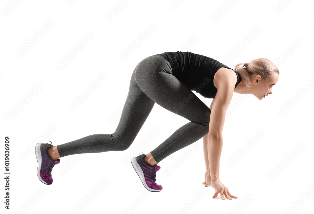 Runner in starting position on white background
