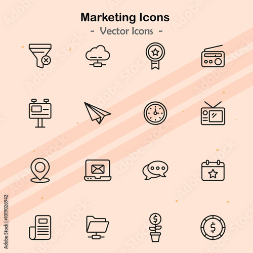 Icons illustrating additional elements of marketing and promotional activities.