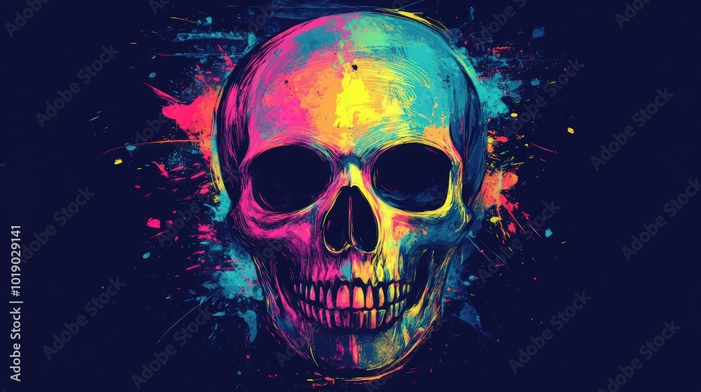 A colorful skull illustration with vibrant splashes of paint around it. A colorful skull illustration with vibrant splashes of paint around it.