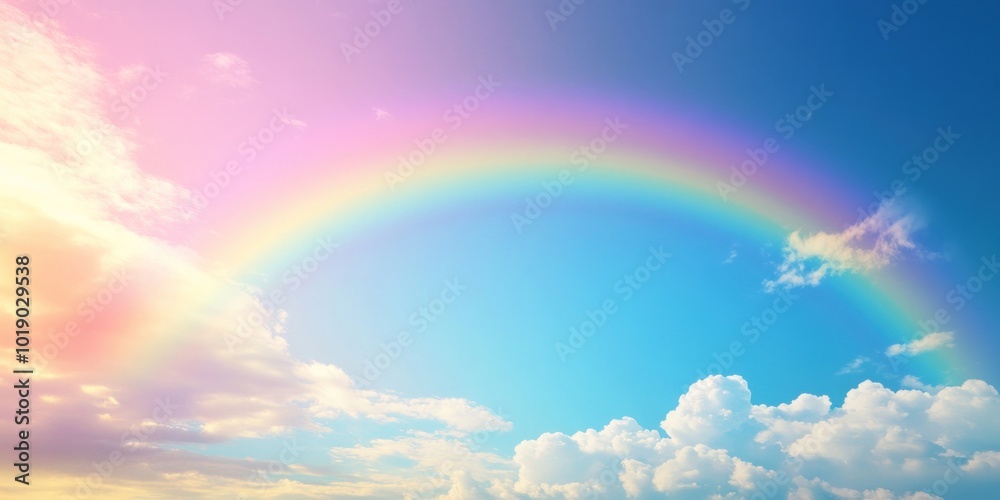 Colorful rainbow arching over fluffy clouds in a blue sky. Colorful rainbow arching over fluffy clouds in a blue sky.