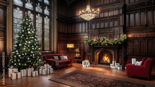 A beautifully decorated room features a Christmas tree adorned with white lights  gifts on the floor  and a glowing fireplace surrounded by wooden walls creating a festive atmosphere