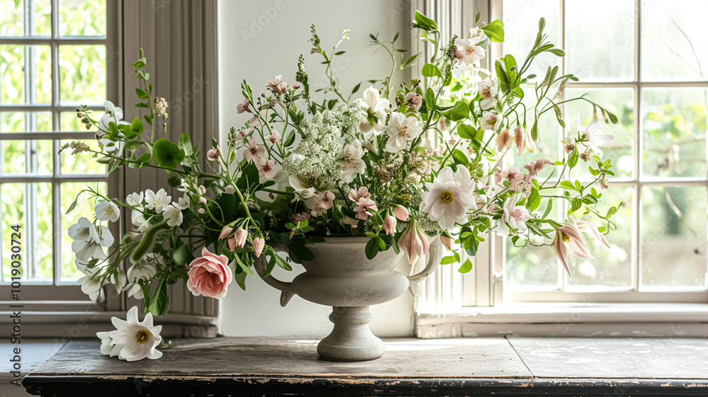 Fototapeta premium Spring flowers in vintage vase, beautiful floral arrangement, home decor, wedding and florist design