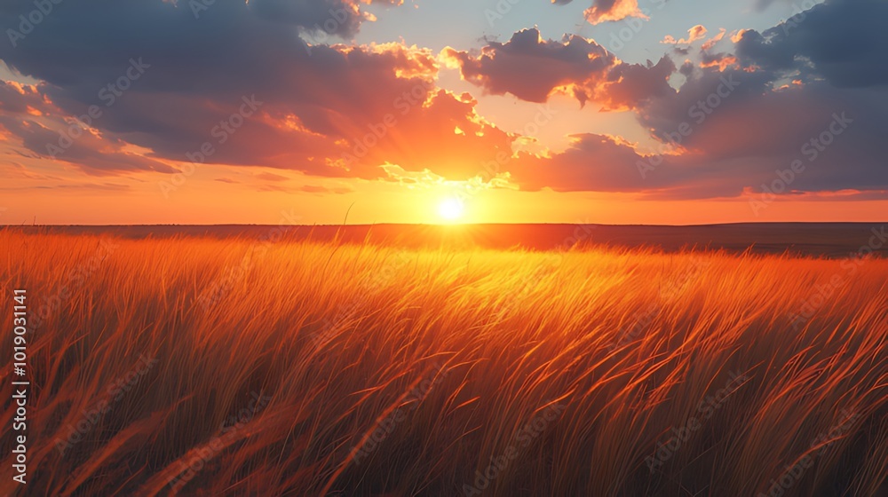 A vibrant sunset casts an orange glow over a field of tall grass, creating a dramatic and serene landscape. A vibrant sunset casts an orange glow over a field of tall grass, creating a dramatic and serene landscape.