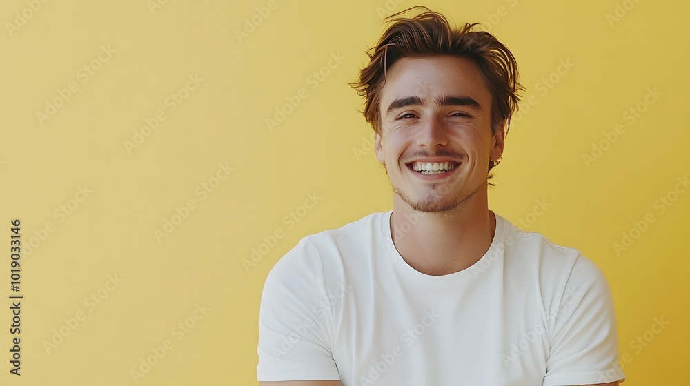 A handsome man smiling in a white t-shirt against a yellow background A handsome man smiling in a white t-shirt against a yellow background