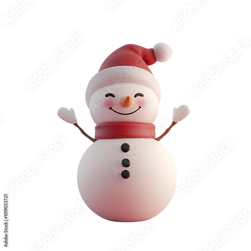 Funny and Happy Snowman Wearing Santa Claus Hat, 3D Render Christmas Character Cartoon Illustration, Isolated on Transparent Background, PNG