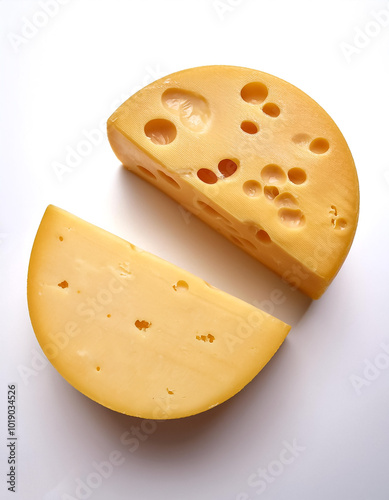 Two delicious pieces of cheese, isolated on a clean white background