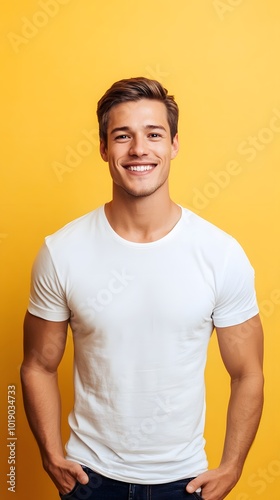 A handsome man smiling in a white t-shirt against a yellow background