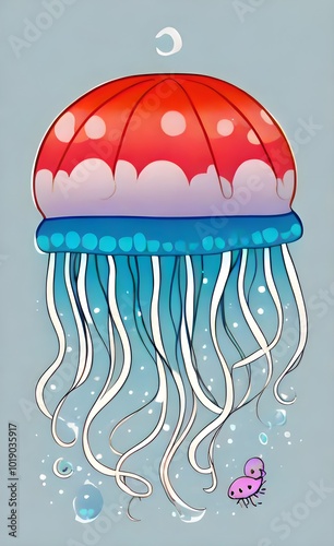 a jellyfish with a pink and blue jellyfish under it's head