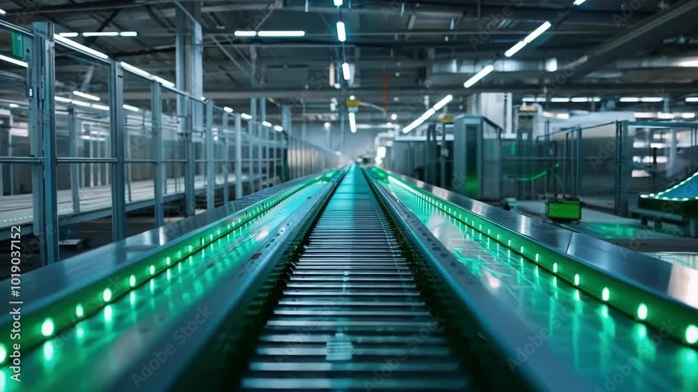 Empty conveyor system is glowing green inside a large factory, suggesting innovative engineering and automation in modern manufacturing