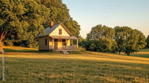 A small, yellow house with a porch sits on a grassy hill, surrounded by trees, bathed in the golden light of the setting sun.