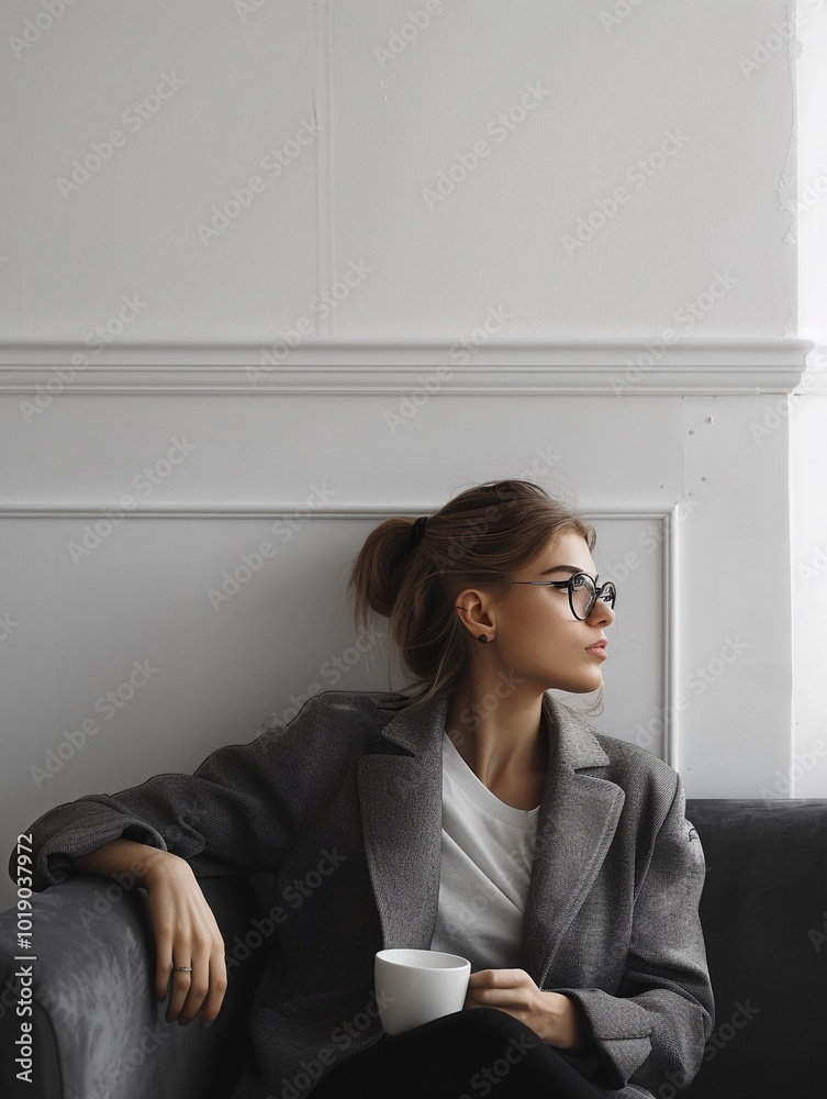 © ollyta may - Sitting young woman with mug of coffee or tea woman surrounded by a minimalist interior. Modern phohgraphy with concept of woman's business or working from home