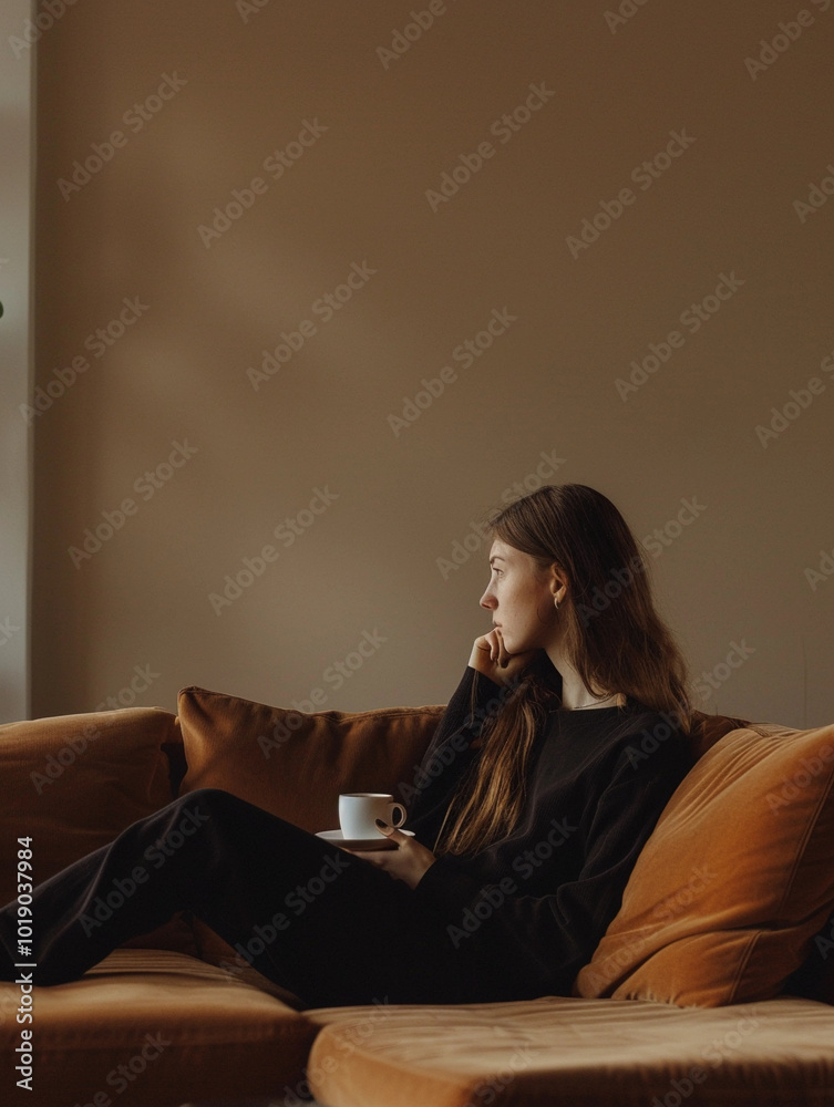Sitting young woman with mug of coffee or tea woman surrounded by a minimalist interior. Modern phohgraphy with concept of woman's business or working from home Sitting young woman with mug of coffee or tea woman surrounded by a minimalist interior. Modern phohgraphy with concept of woman's business or working from home