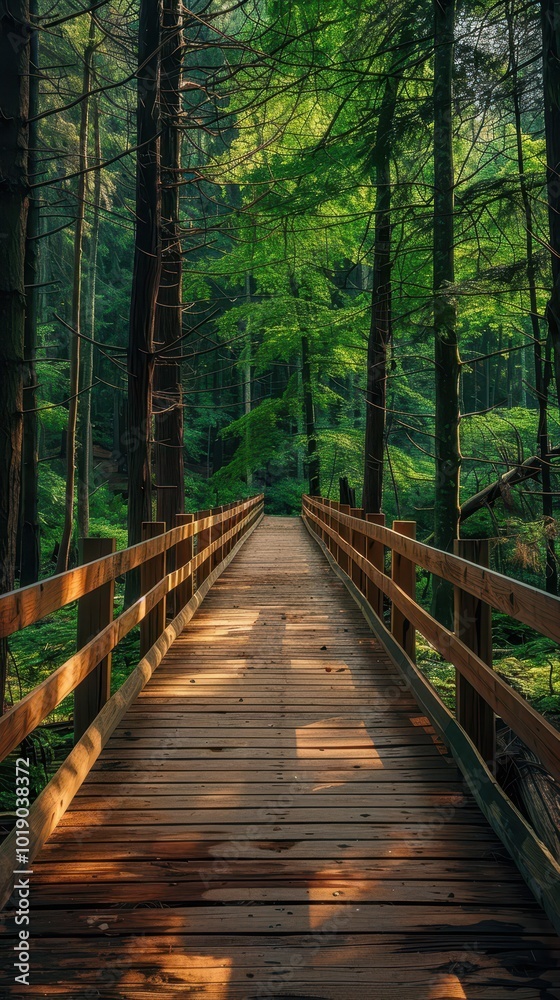 Obraz premium A wooden walkway invites exploration through a lush forest under a bright sunny sky