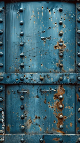 Close-up view of an industrial blue sheet metal door with visible rivets and weathered texture