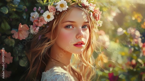 Beautiful little girl in summer garden portrait