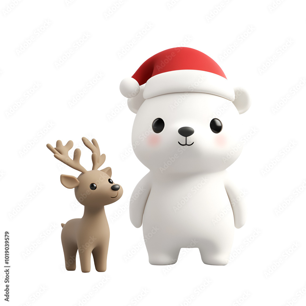 Happy Polar Bear and Reindeer with Santa Claus Hat, 3D Render Christmas Cartoon Character Illustration, Isolated on Transparent Background, PNG Happy Polar Bear and Reindeer with Santa Claus Hat, 3D Render Christmas Cartoon Character Illustration, Isolated on Transparent Background, PNG