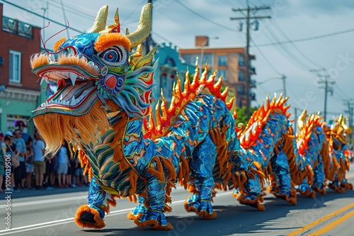 A festive dragon dance parade with colorful costumes.