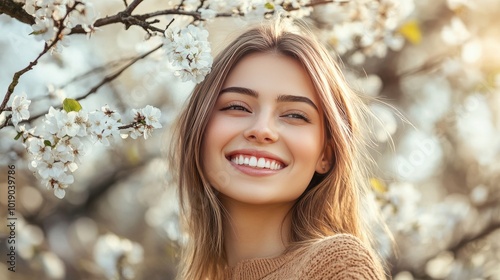 Beautiful young woman with a big smile captured in a springtime garden with white blossoms hanging from trees in a park.