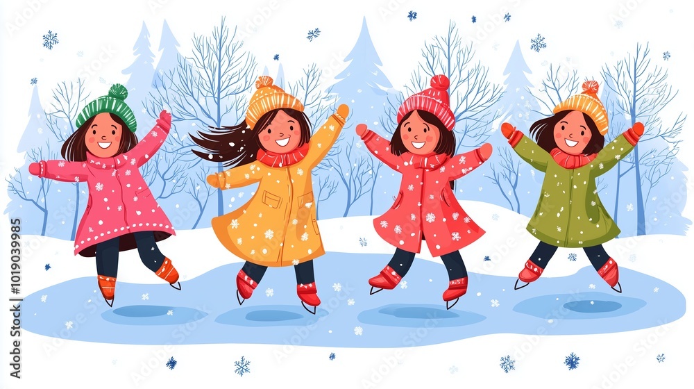 An illustration of four joyful children ice skating outdoors in a winter landscape. They are dressed in colorful winter coats, hats, and gloves, and are skating with arms outstretched while snowflakes An illustration of four joyful children ice skating outdoors in a winter landscape. They are dressed in colorful winter coats, hats, and gloves, and are skating with arms outstretched while snowflakes