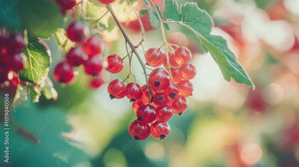 Red currant berries captured in macro on a summer's day. Summertime close-up of red currant berries that are ripe and hanging on a bush branch Red currant berries captured in macro on a summer's day. Summertime close-up of red currant berries that are ripe and hanging on a bush branch