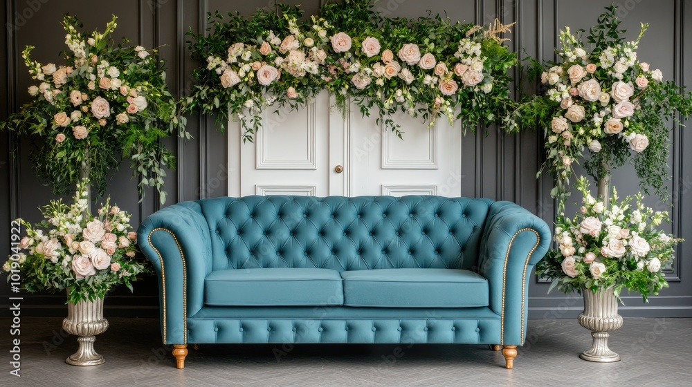 Obraz premium A soothing front porch design showcases a light blue sofa, white door adorned with a floral garland, and elegant marble columns in a serene atmosphere