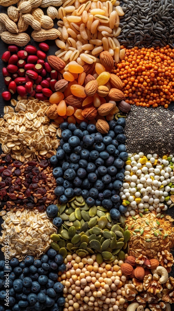A vibrant assortment of cereals, grains, and nuts displayed in a detailed close-up view