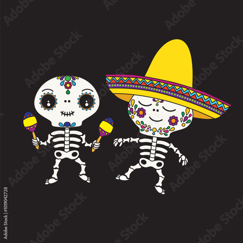 Cute cartoon illustration of dancing Mexican skeletons