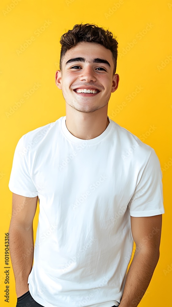A handsome man smiling in a white t-shirt against a yellow background A handsome man smiling in a white t-shirt against a yellow background