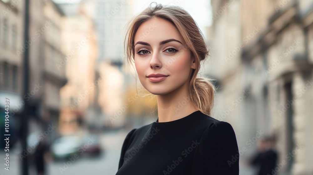 Posing on a downtown street is a young, stylish female. A stunning businesswoman in an amazing black outfit against a backdrop of the metropolis. Posing on a downtown street is a young, stylish female. A stunning businesswoman in an amazing black outfit against a backdrop of the metropolis.