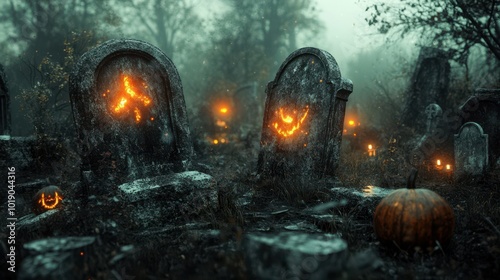 Cracked tombstones with faintly glowing pumpkins and thick mist swirling in a dark graveyard