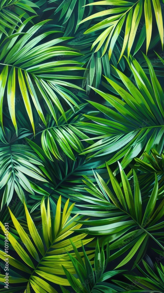 Close-up view of vibrant green palm leaves showcasing their lush texture and intricate veins Close-up view of vibrant green palm leaves showcasing their lush texture and intricate veins
