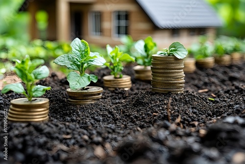 Stacks of coins and young green plants grow out of rich, dark soil, with a blurred house in the background