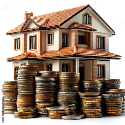 A house model with red roof tiles is displayed in the background, surrounded by tall stacks of coins in the foreground. The image symbolizes the concept of real estate investment and financial growth 