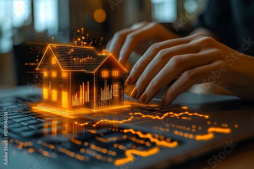 A person typing on a laptop, with a glowing 3D house model and analytical data visualized above the keyboard, representing the concept of real estate technology or digital property analysis