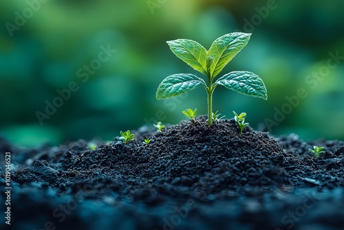 A small green plant sprouting from rich, dark soil, representing growth, nature, sustainability, and new beginnings. Close-up shot highlights the freshness of the leaves and the fertile soil photo