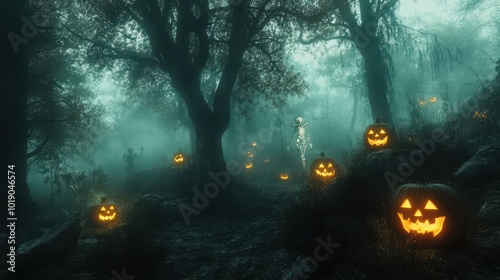 Creepy haunted forest with glowing jack o lanterns skeletons and fog on Halloween night