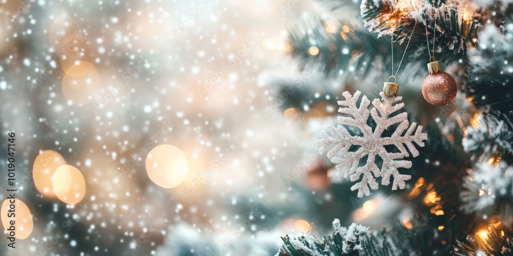 Close-up of a white snowflake ornament hanging on a decorated Christmas tree with bokeh lights and snow falling in the background. Close-up of a white snowflake ornament hanging on a decorated Christmas tree with bokeh lights and snow falling in the background.