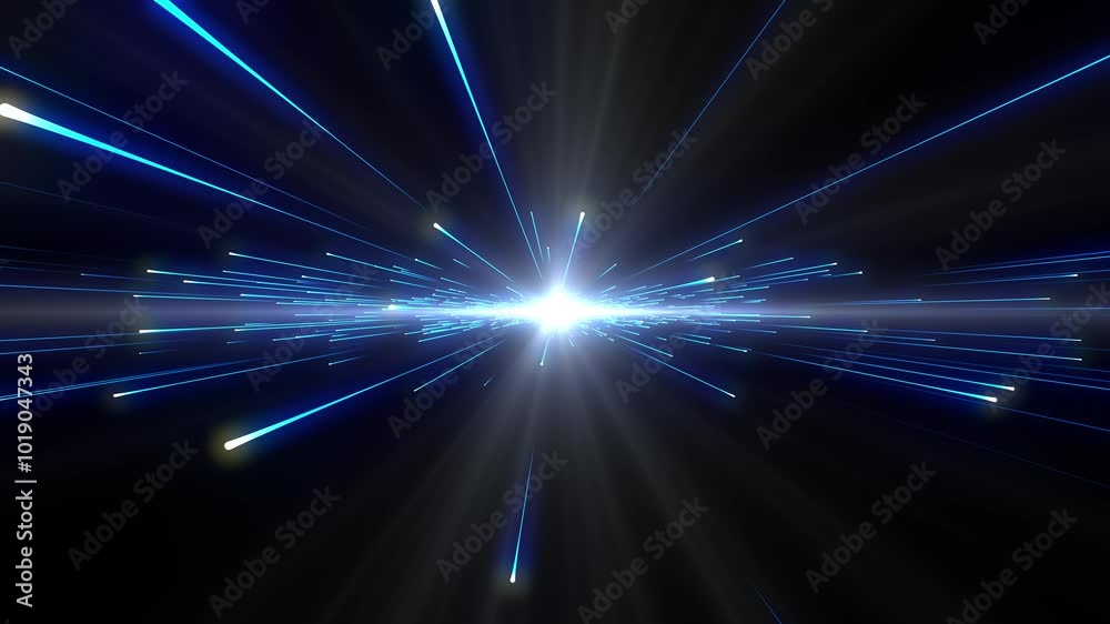 Bright radial light beams. Abstract background in blue neon glow color. Light burst in universe. Space background for event, party, carnival, celebration, anniversary or other.