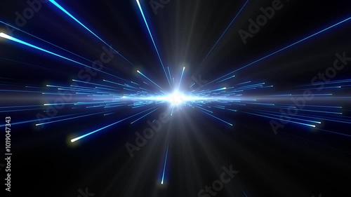 Bright radial light beams. Abstract background in blue neon glow color. Light burst in universe. Space background for event, party, carnival, celebration, anniversary or other.
