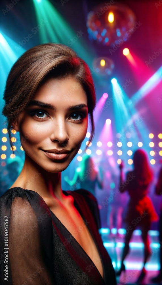 A woman smiles at the camera in a nightclub, surrounded by colorful lights and dancing people A woman smiles at the camera in a nightclub, surrounded by colorful lights and dancing people
