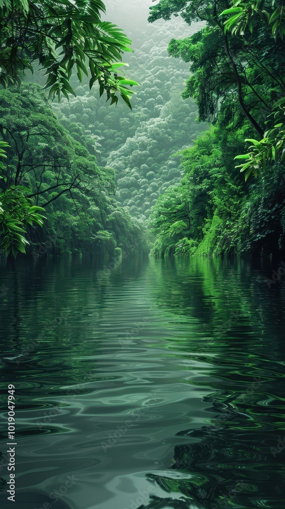 A tranquil river flows through a lush forest reflecting vibrant greenery in a peaceful setting A tranquil river flows through a lush forest reflecting vibrant greenery in a peaceful setting
